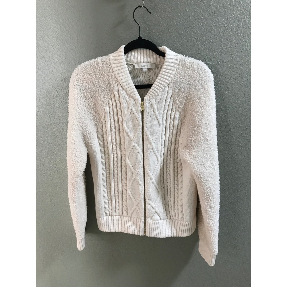 Loft Womens Ivory Cable Knit Popcorn Sleeve Zip Front Cardigan Sweater Large NWT